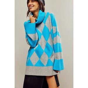 Free People Sweater Women Blue Diamond Oversized Harley Turtleneck Top Sz L New